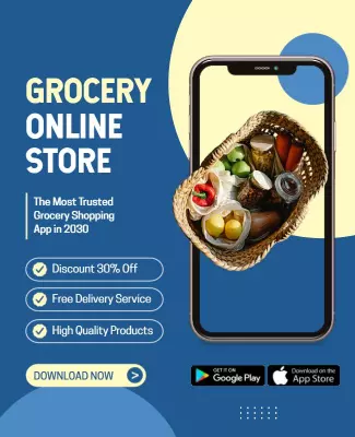 Modern Blue Grocery Online Store Mobile App Poster Template