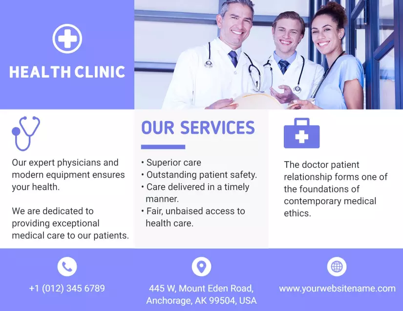 Modern Blue Health Clinic Services and Care Quality Brochure Template