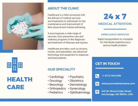 Modern Blue Healthcare Services and 24x7 Medical Assistance Brochure Template