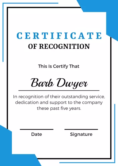 Modern Blue Minimalist Service Recognition Certificate Template