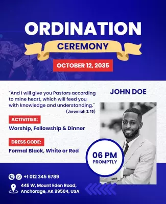 Modern Blue Ordination Ceremony Invitation Poster Template