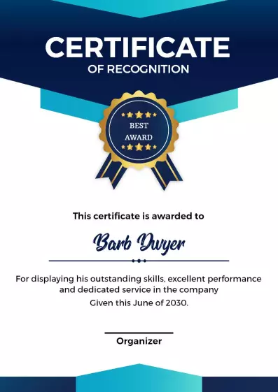 Modern Blue Professional Recognition Award Certificate Template
