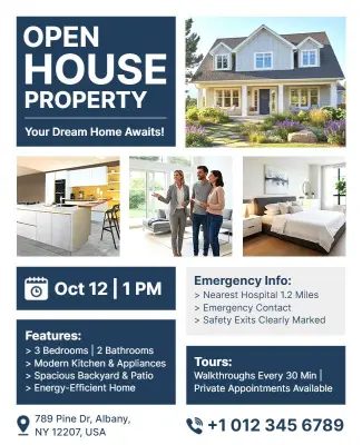 Modern Blue Real Estate Open House Invitation Flyer Template
