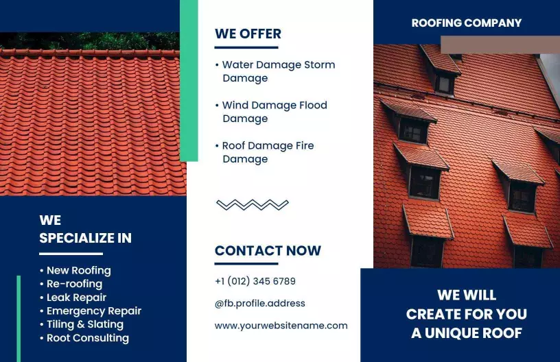 Modern Blue Roofing Services Damage Repair Brochure Template
