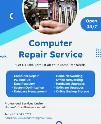 Modern Blue Tech Computer Repair Service Poster Template