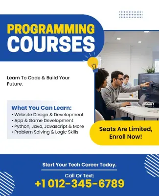 Modern Blue Tech Programming Classes Enrollment Flyer Template