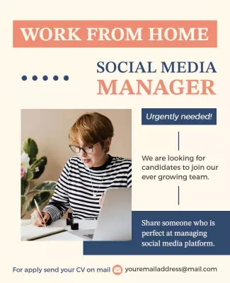 Modern Blue Work From Home Social Media Manager Poster Template