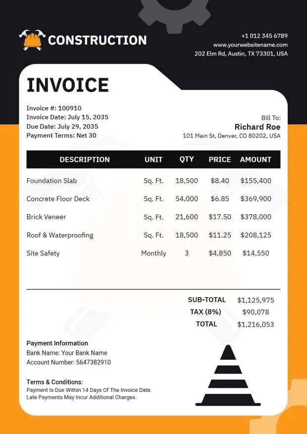 Modern Construction Project Cost Breakdown and Services Invoice Template