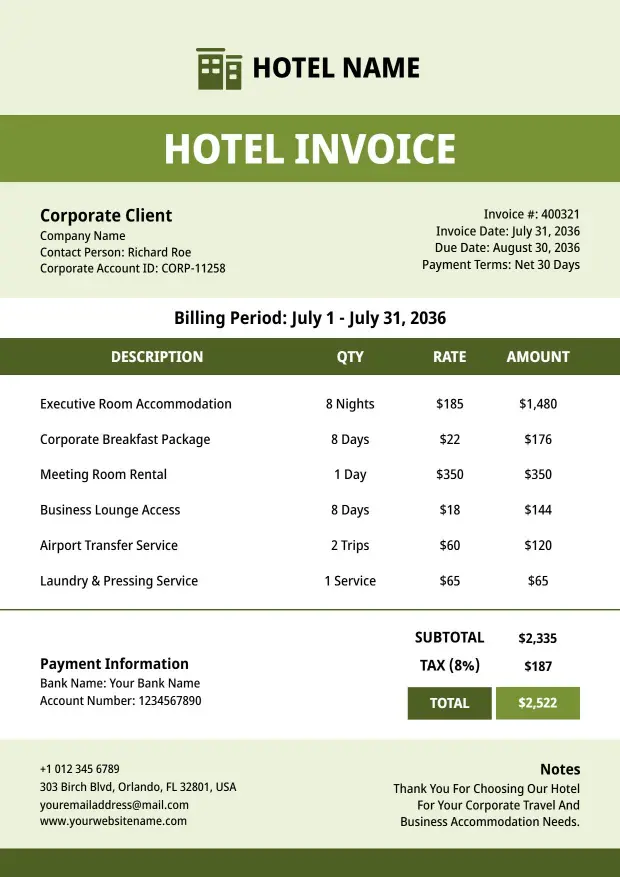 Modern Corporate Hotel Billing with Itemized Accommodation Invoice Template