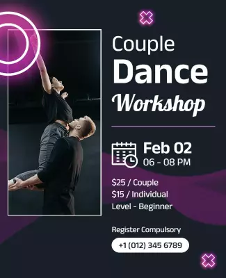 Modern Couple Dance Workshop with Dynamic Purple Accents Poster Template