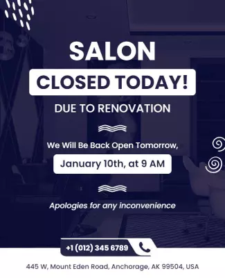Modern Dark Blue Salon Closure Announcement Poster Template