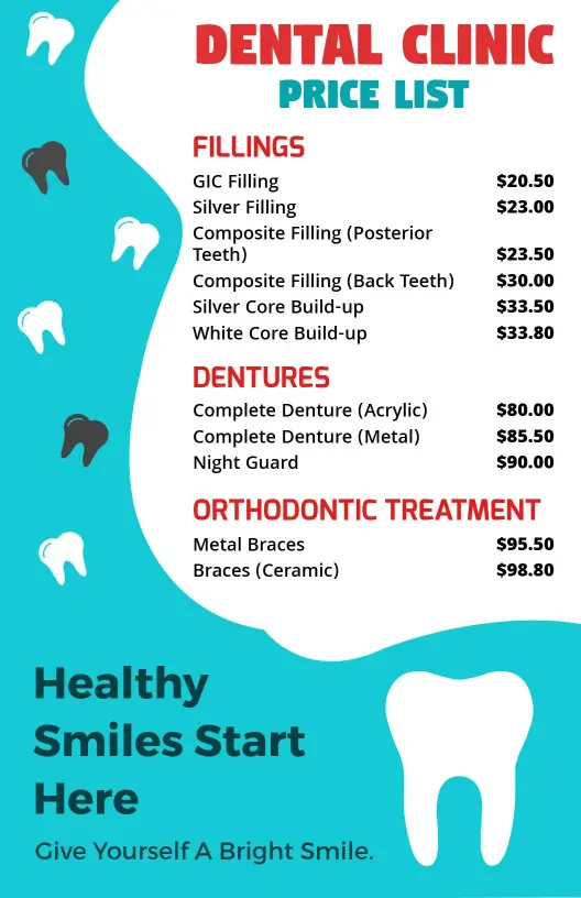 Modern Dental Clinic Bright Teal Price List Template