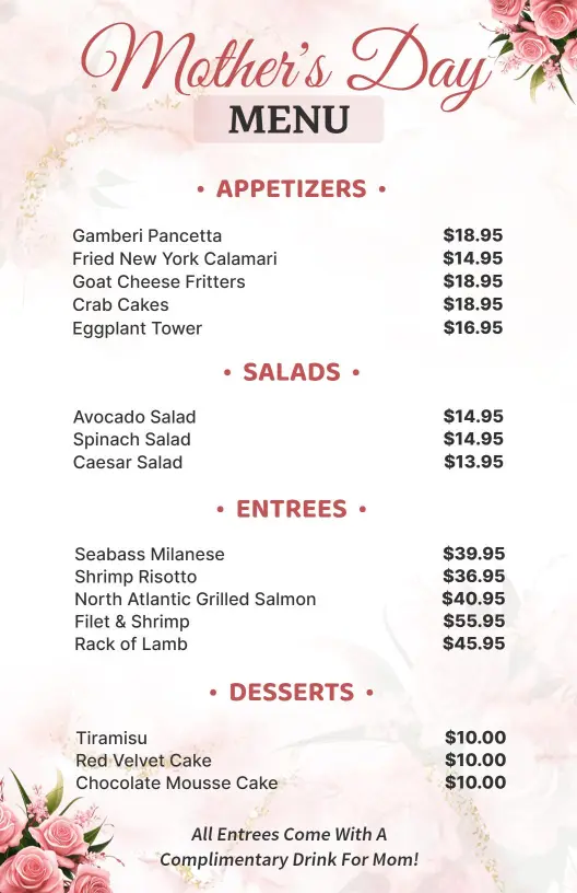 Modern Fresh Pink Roses Mother's Day Menu Template