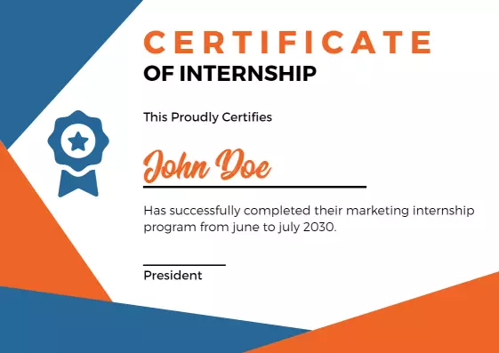 Modern Geometric Blue and Orange Internship Completion Certificate Template