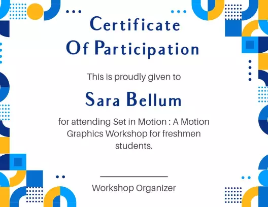 Modern Geometric Blue and Yellow Motion Graphics Workshop Certificate Template