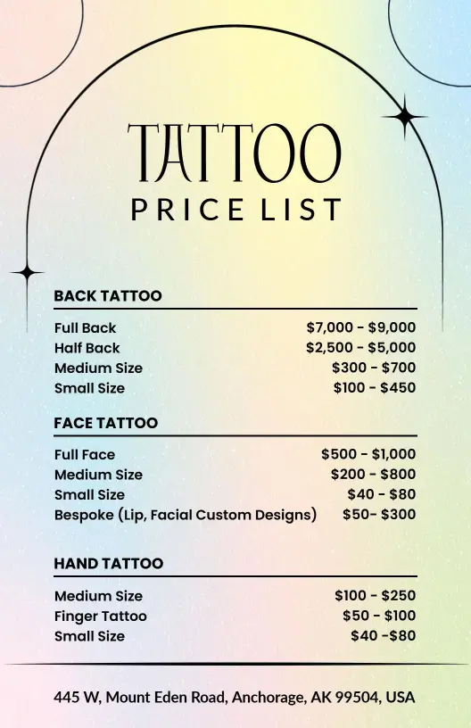 Modern Gradient Arch Design Tattoo Price List Template