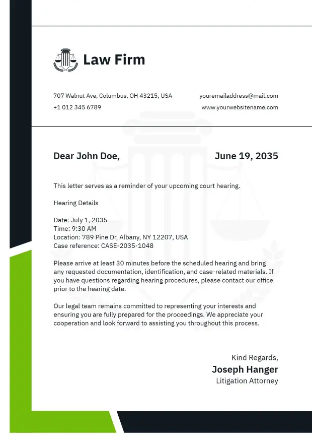 Modern Green Accent Law Firm Correspondence Letterhead Template