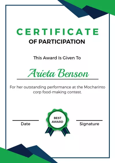 Modern Green and Blue Food Contest Participation Certificate Template