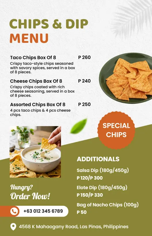Modern Green and Orange Chips and Dip Menu Template