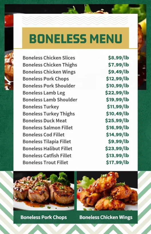 Modern Green Boneless Cuts Menu Template