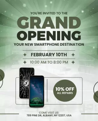 Modern Green Grand Opening Smartphone Repair Store Poster Template