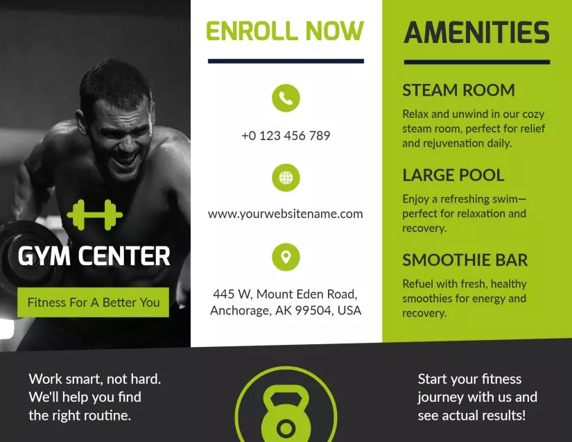 Modern Green Gym Center Fitness Amenities Brochure Template