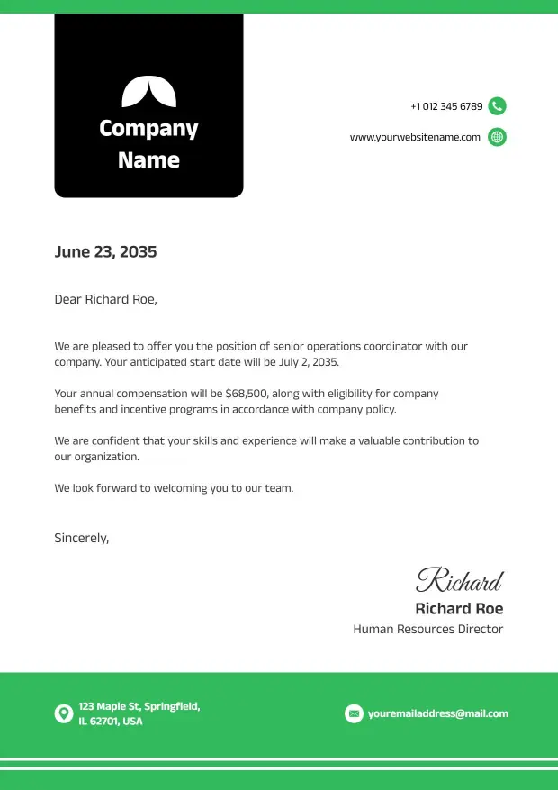 Modern Green Professional Employment Offer Letterhead Template