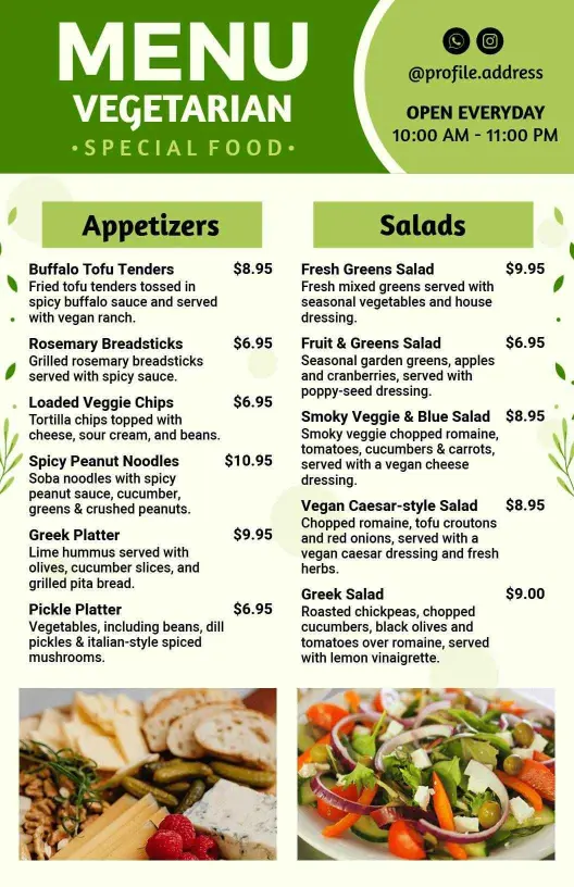 Modern Green Vegetarian Special Food Menu Template