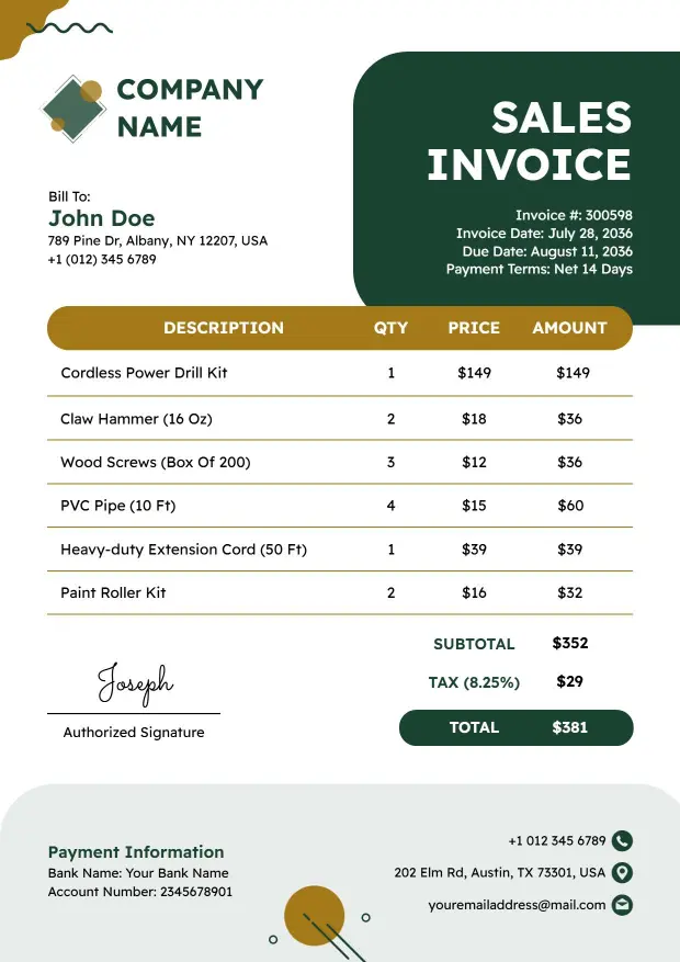 Modern Hardware Tools Product Sales Invoice Template