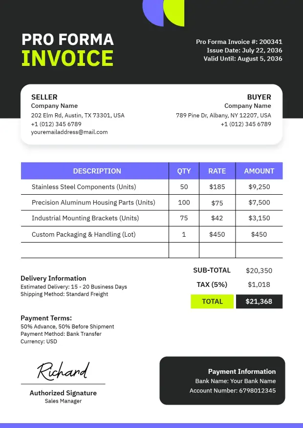 Modern Industrial Equipment Sales Costs Proforma Invoice Template