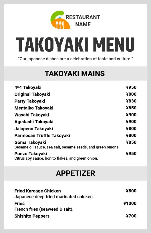 Modern Japanese Takoyaki Menu Template