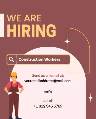 Modern Maroon Construction Workers Hiring Announcement Poster Template