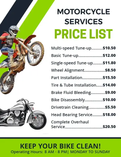 Modern Motorcycle Service Vibrant Style Price List Template