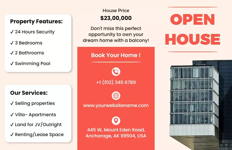 Modern Open House Property Listing with Swimming Pool Brochure Template