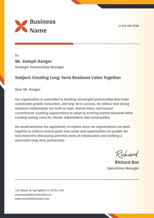 Modern Orange and Black Business Partnership Letterhead Template