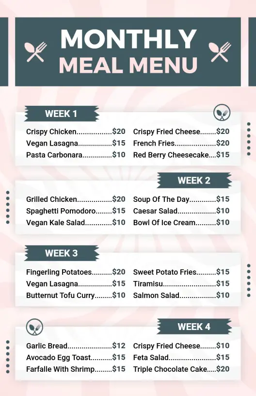 Modern Pastel Green and Pink Monthly Meal Menu Template