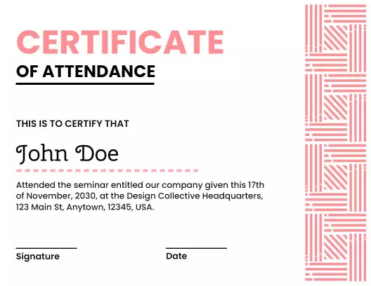 Modern Pastel Pink Design Attendance Seminar Certificate Template