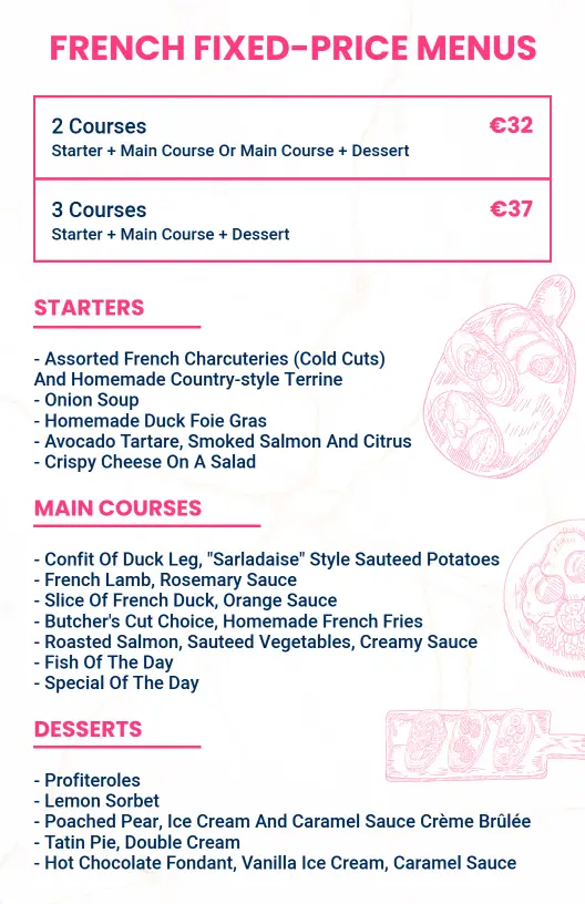 Modern Pink Accented Gourmet French Menu Template