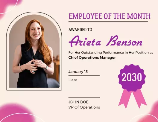 Modern Pink and Purple Employee of the Month Certificate Template