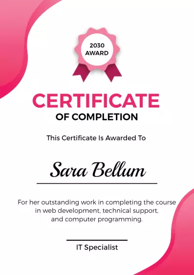 Modern Pink and White IT Completion Achievement Certificate Template