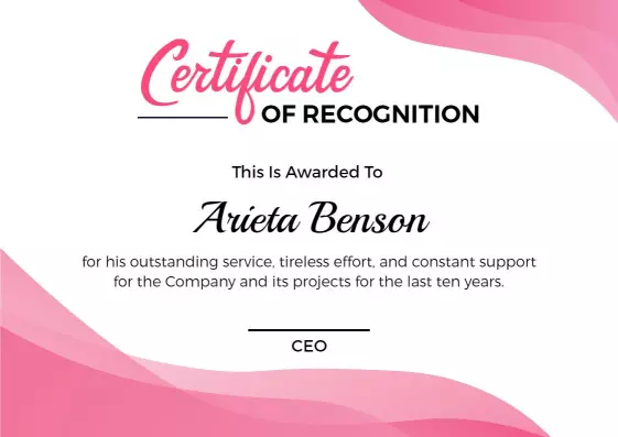 Modern Pink Wave Design for Recognition Achievement Certificate Template