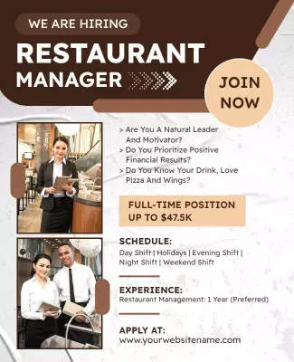 Modern Professional Restaurant Manager Hiring Announcement Poster Template