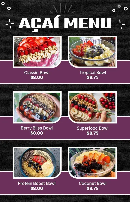 Modern Purple Açaí Bowl Variety Menu Template
