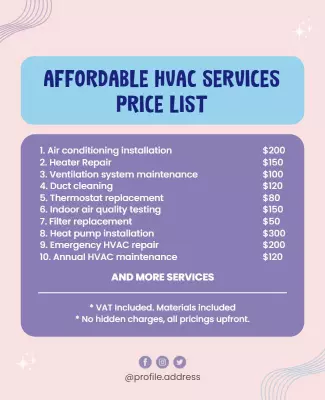 Modern Purple Affordable HVAC Services Price List Poster Template