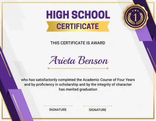 Modern Purple and Gold High School Graduation Certificate Template