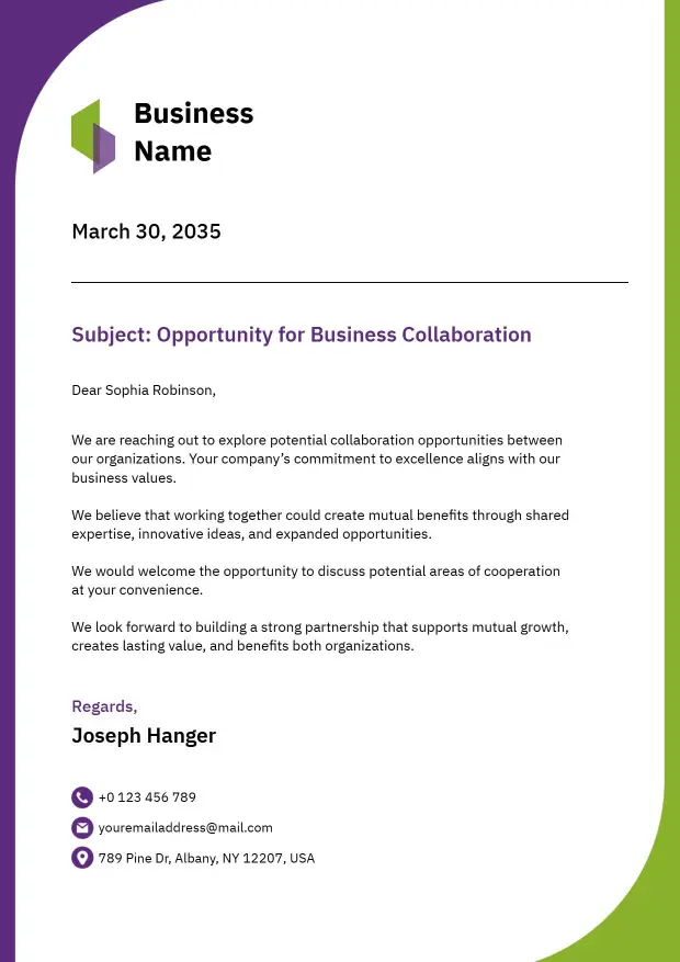 Modern Purple and Green Professional Business Letterhead Template