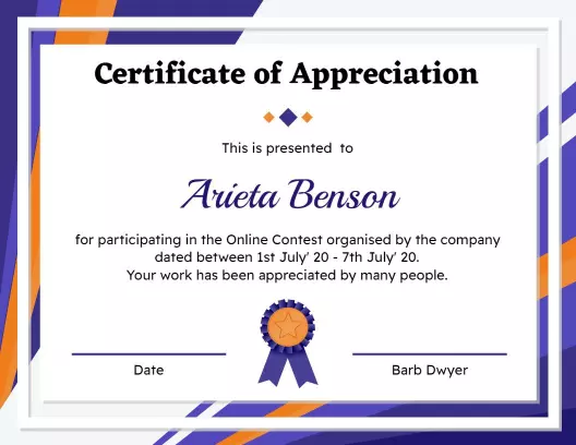 Modern Purple and Orange Online Contest Appreciation Certificate Template