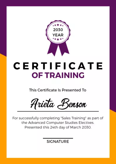 Modern Purple and Yellow Sales Training Certificate Template