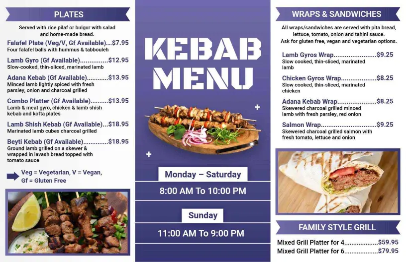 Modern Purple Salad and Kebab Selection Menu Template