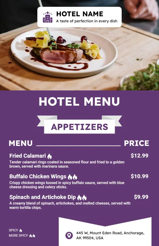 Modern Purple Themed Casual Dining Hotel Menu Template